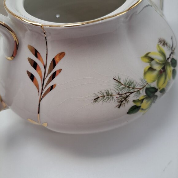 Ellgreave Wood & Sons England Yellow Floral Gold Accented Teapot Ironstone - Picture 9 of 13